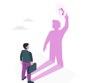 Ilustrasi pria dengan bayangan meraih bintang.