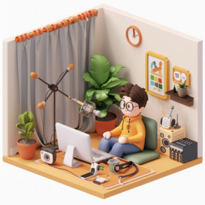 Ilustrasi pria berada di studio mini.