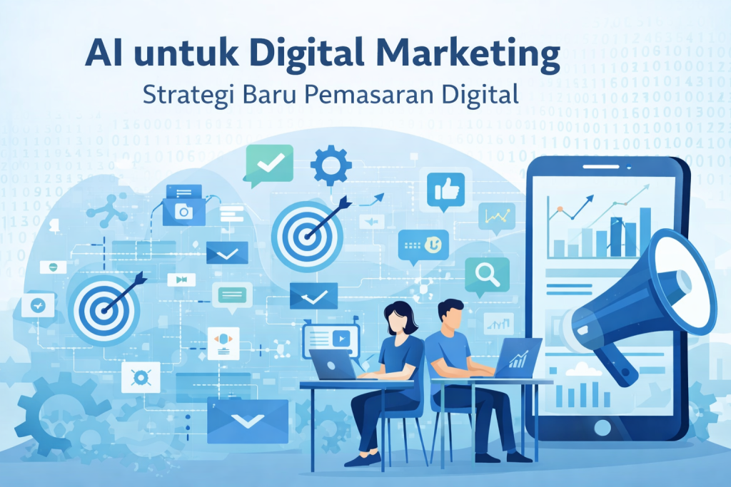 Ilustrasi penggunaan AI untuk digital marketing dengan analisis data dan strategi pemasaran digital