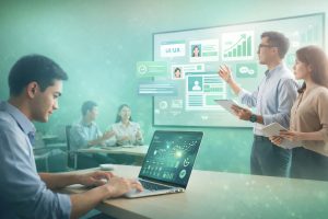 Ilustrasi career switch dengan aktivitas upskill digital seperti analisis data, kolaborasi tim, dan presentasi di lingkungan kerja modern