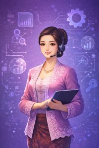 Ilustrasi perempuan dengan kebaya modern dan sanggul sebagai simbol perempuan siap bersaing di era digital dengan keterampilan teknologi