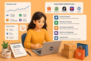 Pelaku UMKM mengelola marketplace digital untuk meningkatkan penjualan melalui strategi promosi dan manajemen toko online